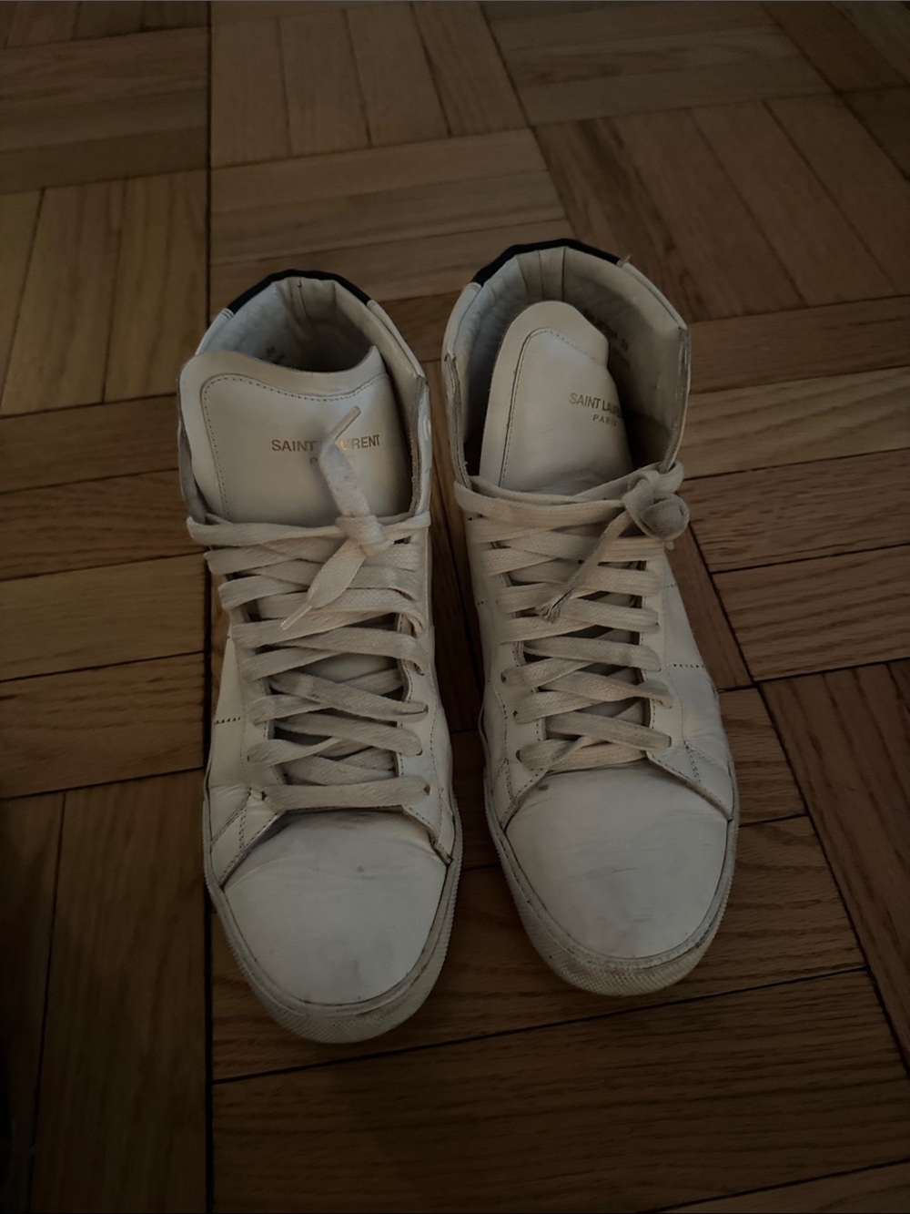 Saint Laurent Women Cream Leather High-Top Sneakers with Black Heel Tab